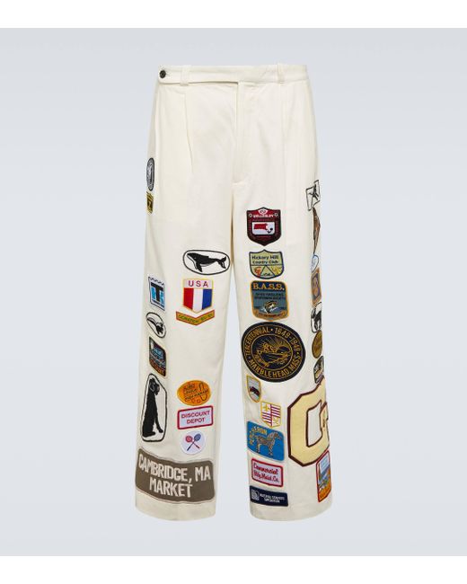 Bode Natural Cambridge Patch-applique Cotton Canvas Wide-leg Pants for men