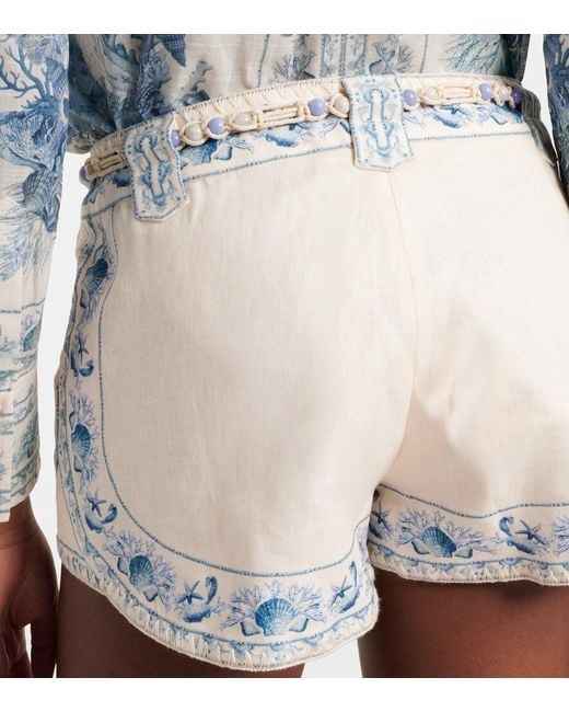 Zimmermann White Wanderlust Belted Floral Linen Shorts