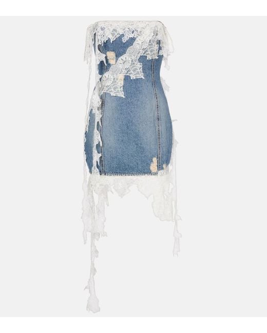 Blumarine Blue Lace-Trimmed Denim Minidress