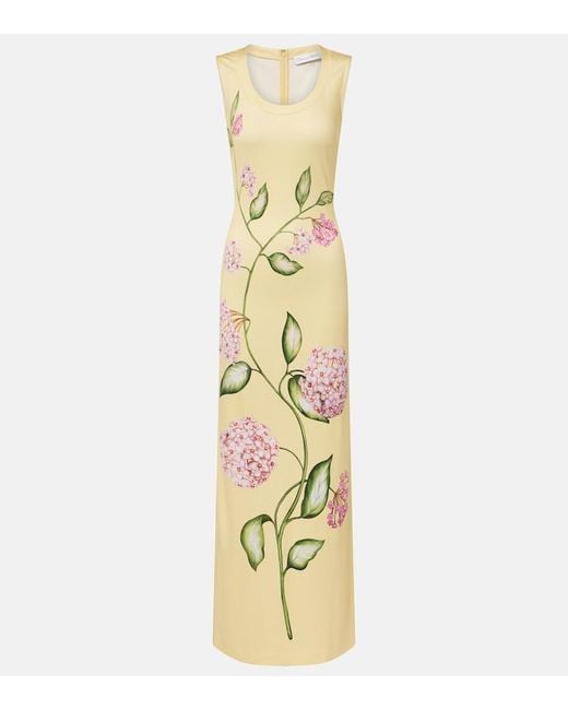 Oscar de la Renta Metallic Porcelain Flower Jersey Maxi Dress