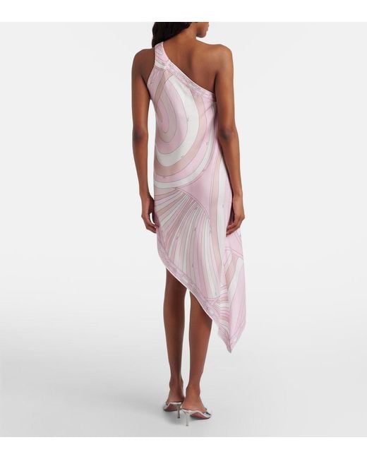 Emilio Pucci Pink Iride Asymmetric Silk Twill Midi Dress