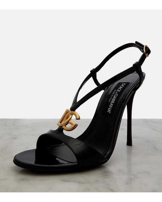 Dolce & Gabbana Black Dg Patent Leather Slingback Sandals