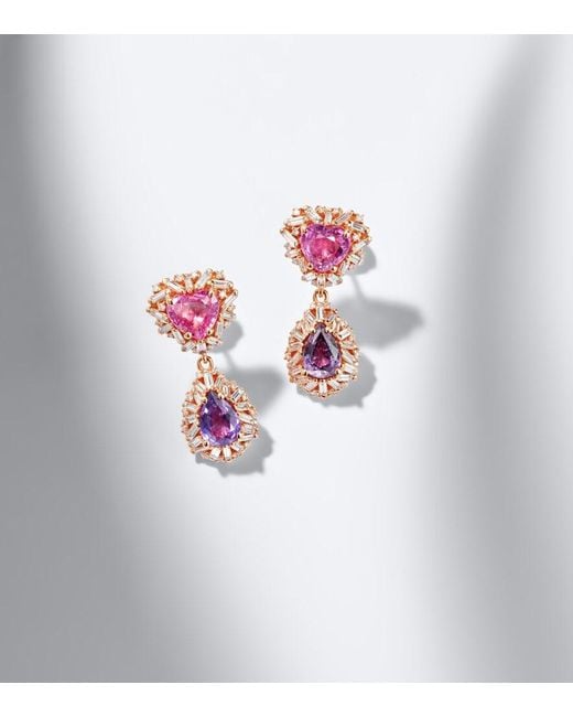 Suzanne Kalan Pink Doublet 18Kt Rose Drop Earrings With Sapphires And Diamonds