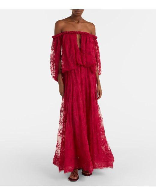 Zimmermann Red Luna Off-Shoulder Floral Lace Gown