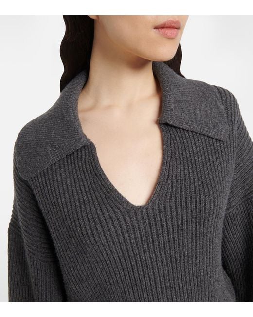 Joseph Black Ribbed-Knit Wool-Blend Polo Sweater