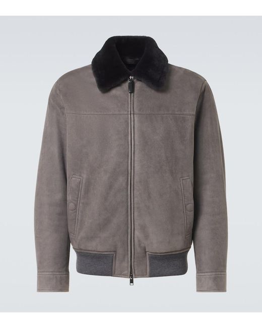 Brioni Gray Shearling-Trimmed Suede Bomber Jacket for men