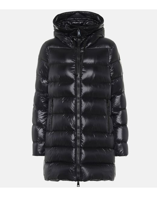 Moncler Moka Lacquer Long Puffer Coat in Black | Lyst