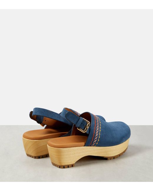 See By Chloé Blue Embroidered Suede Clogs