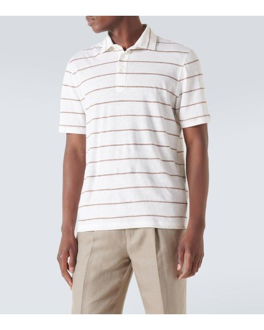 Brunello Cucinelli White Striped Linen And Cotton Polo Shirt for men