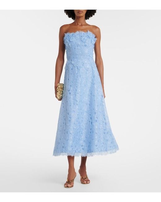 Costarellos Blue Anessa Embroidered Organza Cocktail Dress