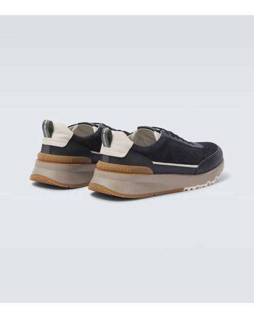 Brunello Cucinelli Blue Leather-Trimmed Suede Sneakers for men