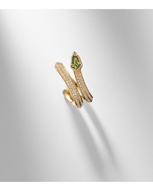 STONE AND STRAND White Shield Serpent 14Kt Ring With Diamonds And Tourmaline