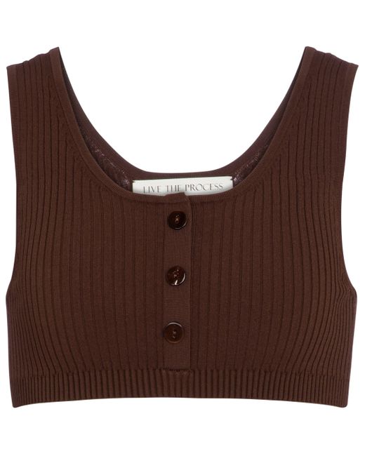 Live The Process Brown Cropped-Top Henley aus Rippstrick