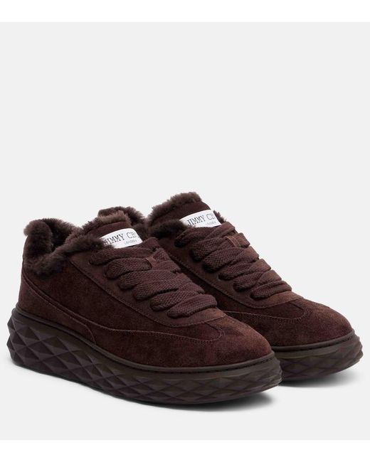 Jimmy Choo Brown Diamond Maxi Shearling-Trimmed Suede Sneakers
