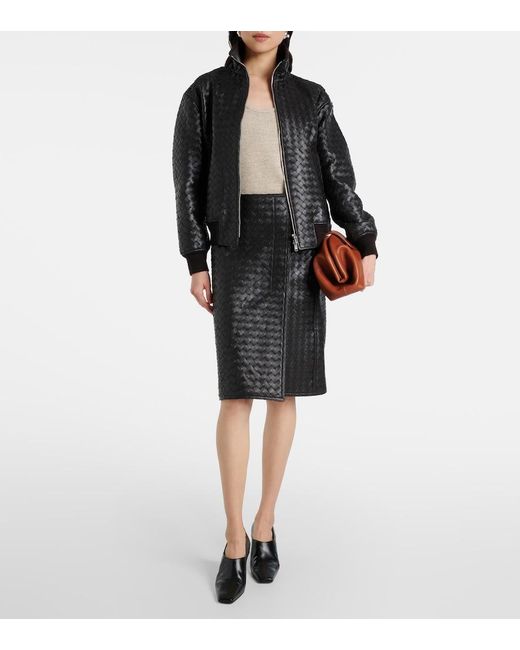 Bottega Veneta Black Intrecciato Leather Midi Skirt