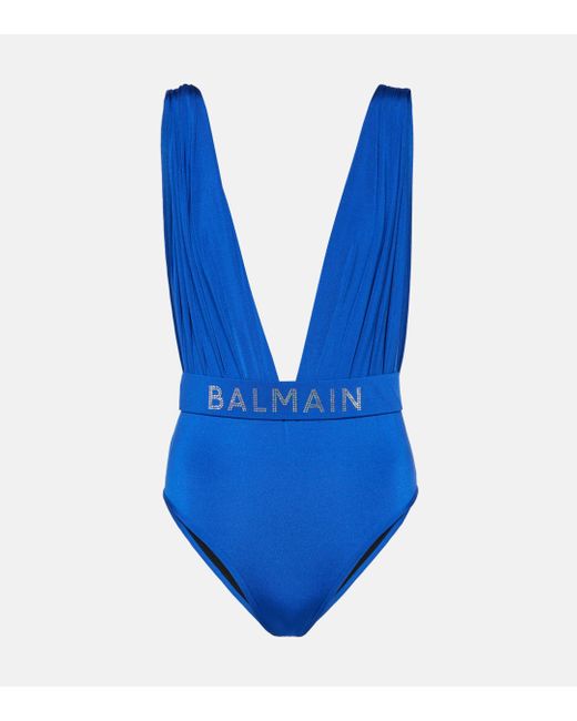 Balmain Blue Crystal-embellished Draped Swimsuit