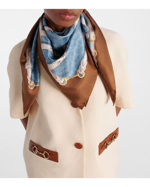 Panuelo De Sarga De Seda Con Horsebit Gucci de color Blue