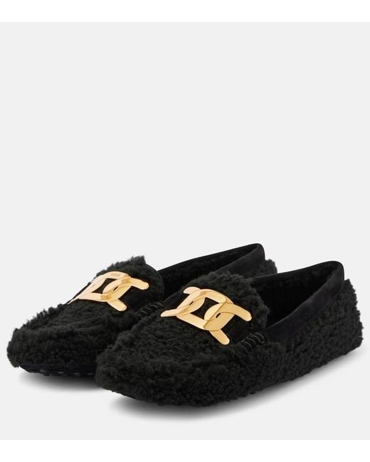 Tod's Black Gommini Catena Shearling Driving Shoes