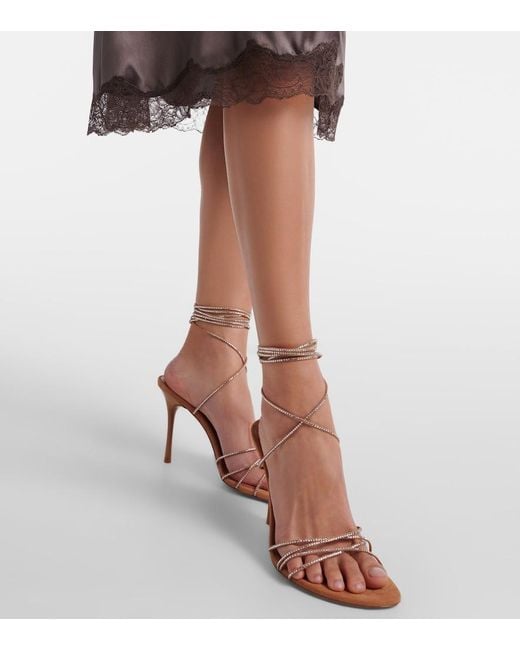 AMINA MUADDI Pink Lori 95 Embellished Suede Sandals