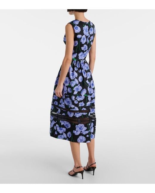 Carolina Herrera Blue Floral Belted Cotton-Blend Midi Dress