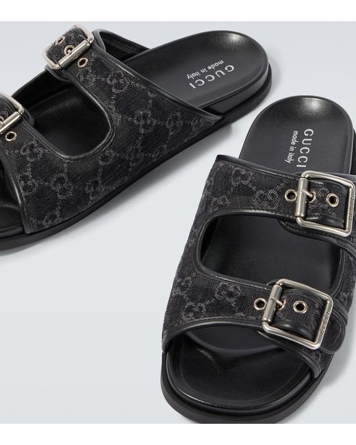 Gucci Black Gg Leather-Trimmed Canvas Slides for men