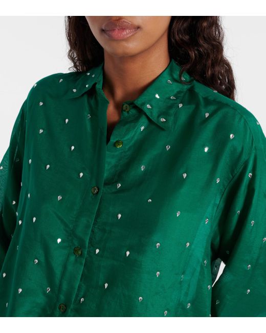 Oseree Green Gem Crystal-embellished Cotton And Silk Shirt
