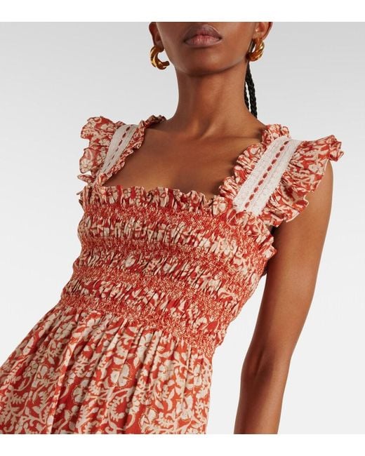 Rixo Orange Aubrie Floral Smocked Cotton Midi Dress