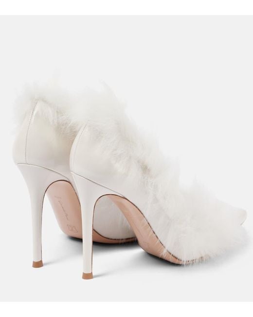 Gianvito Rossi White Jenny Shearling-Trimmed Patent Leather Pumps