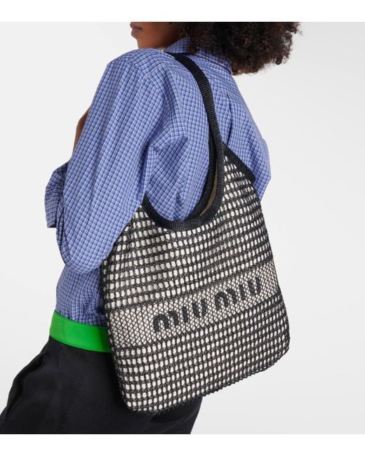Miu Miu Black Logo Leather-trimmed Crochet Tote Bag