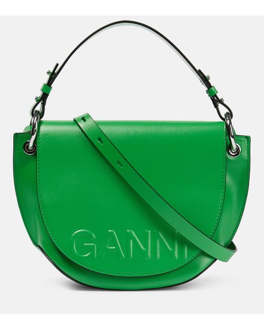 Ganni Green Banner Saddle Leather Crossbody Bag