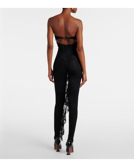 Oseree Black Ruffled Cutout Lace Catsuit