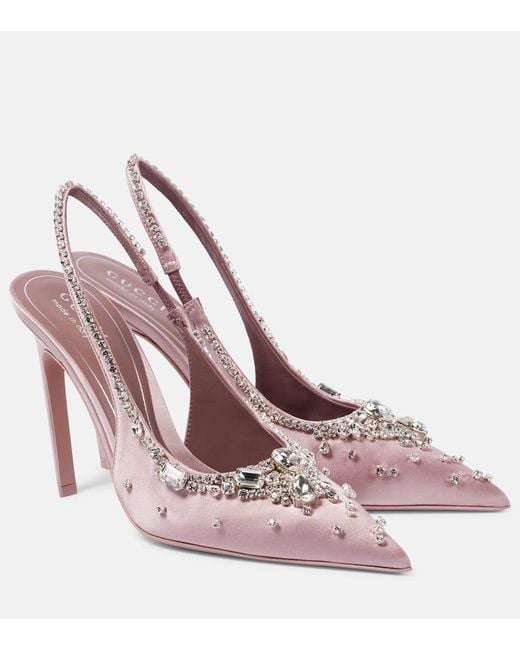 Gucci Pink Crystal-Embellished Satin Slingback Pumps
