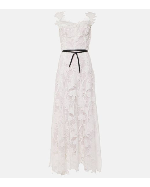 Oscar de la Renta White Marbled Carnation Guipure Lace Bustier Gown