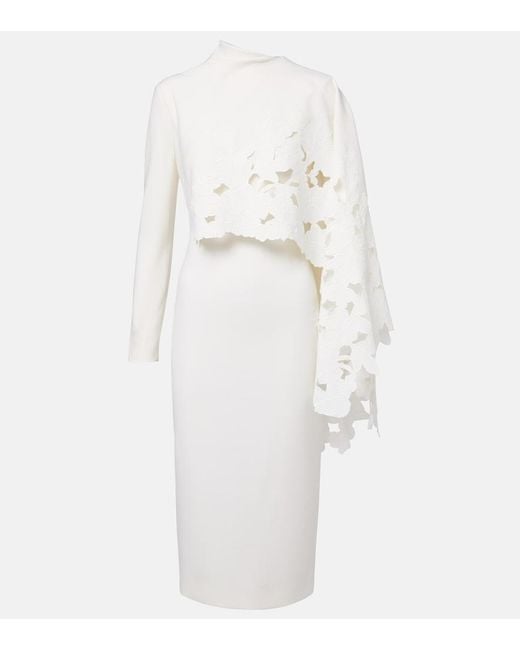 Oscar de la Renta White Cape-Detail Wool-Blend Midi Dress