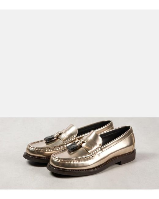 Brunello Cucinelli Brown Metallic Leather Penny Loafers