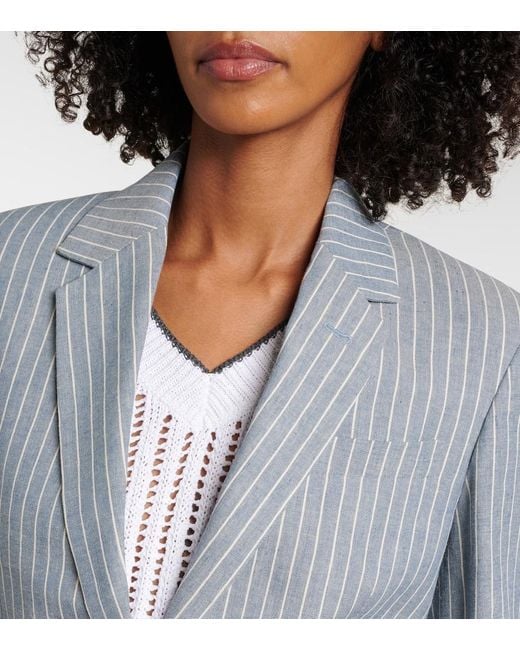 Brunello Cucinelli Blue Pinstripe Linen, Cotton, And Hemp Blazer