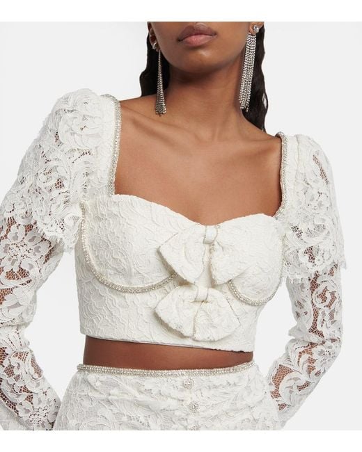 Self-Portrait White Embellished Corded Lace Crop Top