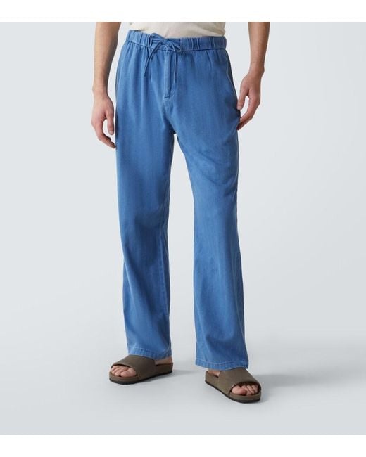 Frescobol Carioca Blue Rocha Herringbone Cotton Twill Wide-Leg Pants for men