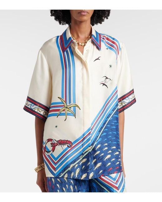 ALÉMAIS Blue Printed Silk Satin Shirt