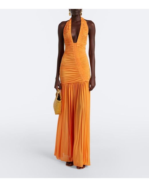 Christopher Esber Orange Orion Ruched Halterneck Gown
