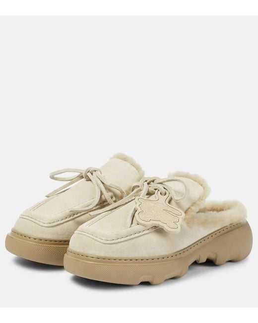 Burberry White Ekd Shearling-Lined Suede Mules