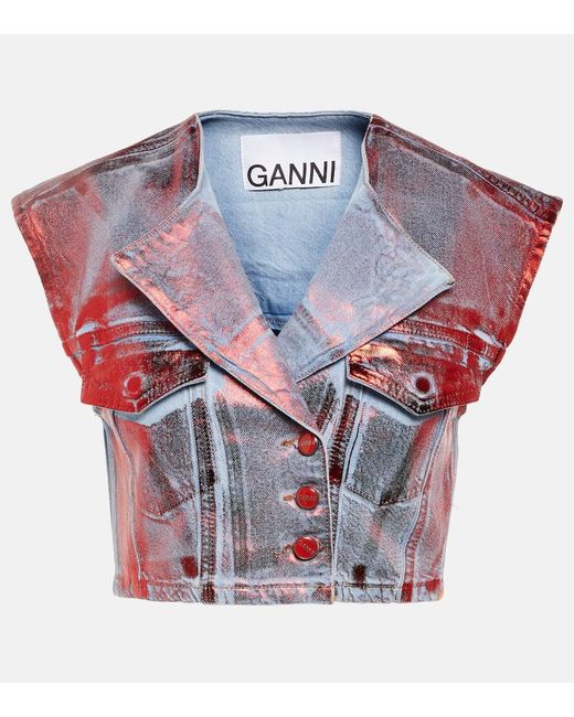 Ganni Red Metallic Denim Vest