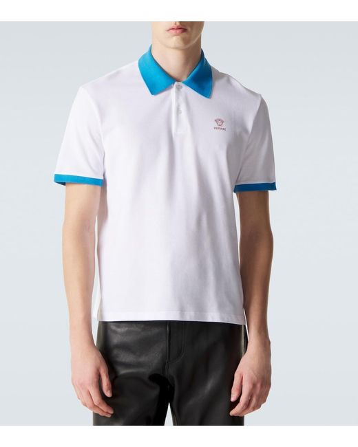 Versace Blue Printed Cotton Pique Polo Shirt for men