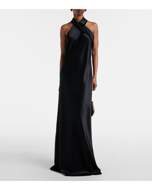 Galvan Black Satin Halter Neck Gown