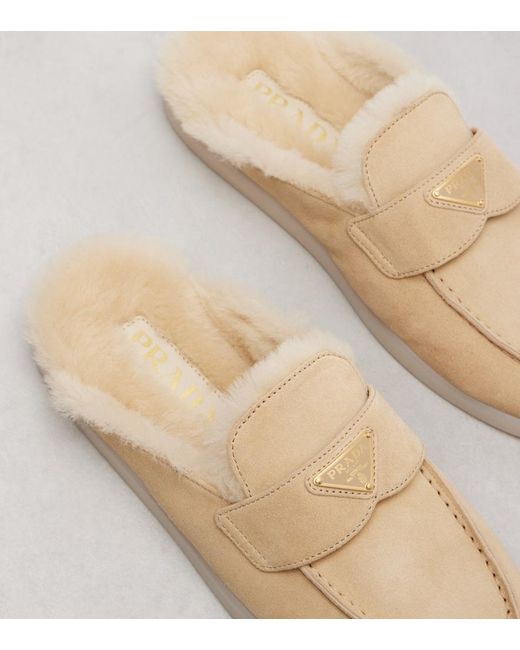 Prada Natural Shearling-Lined Suede Mules