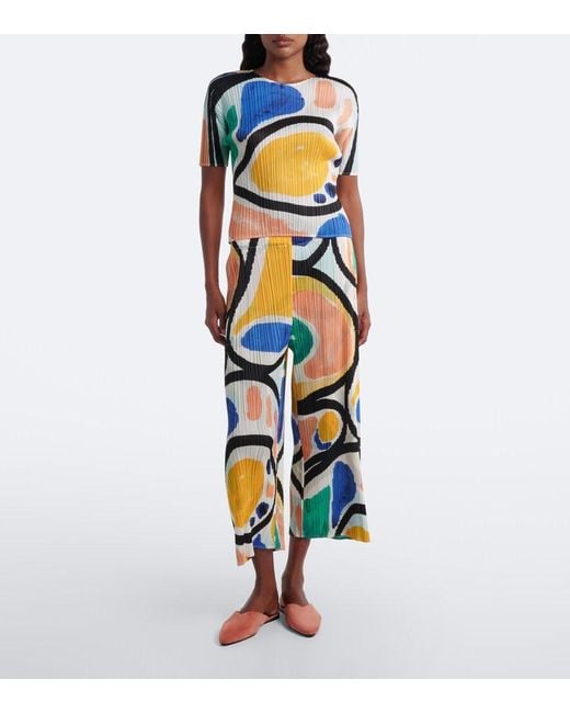 Pleats Please Issey Miyake Blue Roll Pleated Printed Top
