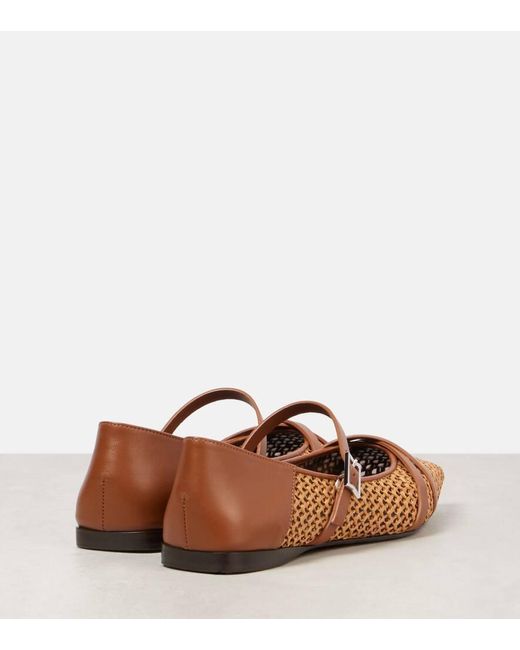 Max Mara Brown Woven Leather-Trimmed Mary Jane Flats