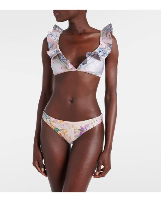 Zimmermann Natural Halliday Ruffled Floral Bikini Top