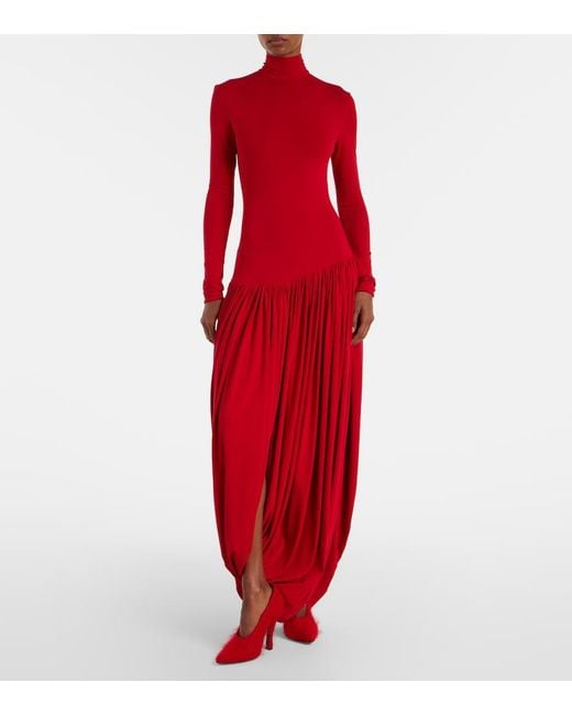 Magda Butrym Red Asymmetric Pleated Turtleneck Maxi Dress