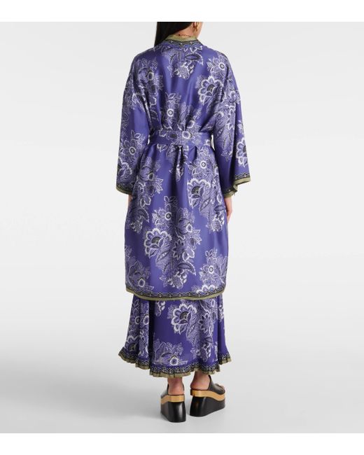 Etro Blue Printed Silk Twill Robe